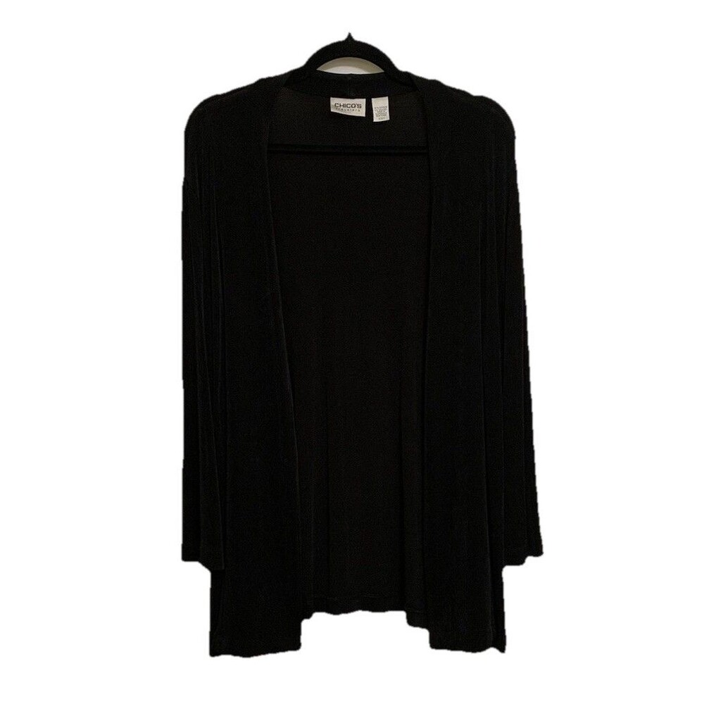 Chicos Travelers Size 3 Womens XL Cardigan Black Slinky Knit Open Front